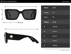 Detailed size chart for retro oversized square sunglasses showing frame and lens dimensions