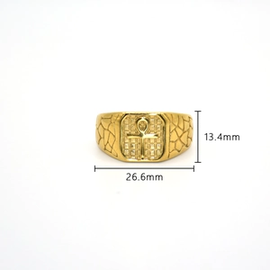 Bague Ankh en acier inoxydable 316 plaqué or poli avec côtés texturés, largeur 26,6 mm