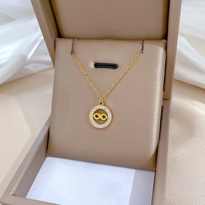 Infinity Symbol Pendant Necklace Titanium Steel Round Ring Minimalist Gold Plated Rhinestone Clavicle Chain For Women