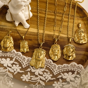 Gold plated stainless steel Jesus head pendants with sparkling rhinestones and twisted chains