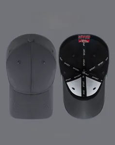 Detailed interior of a dark grey baseball cap with grid texture and sports embroidery