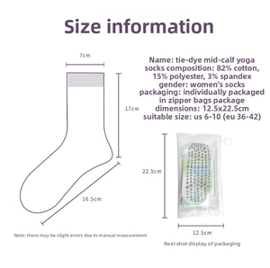 Size chart for tie-dye yoga socks showing dimensions for cotton blend crew length fits 36-42