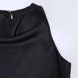 Elegant black satin off-shoulder evening dress with neck pleats and button closure