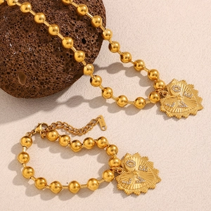 Collana E Bracciale A Catena Con Perline Tonde E Ciondolo A Cuore Acciaio Inossidabile Placcato Oro 18K Per Donna