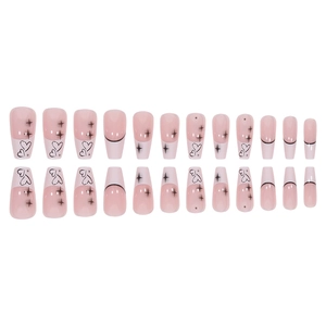 Pink coffin press-on nails with black heart and star patterns, 24 pieces set