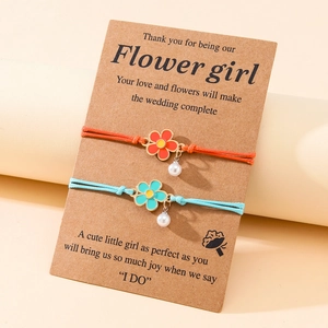 Woven Adjustable Flower Bracelets With Acrylic Pearl Alloy Enamel Floral Charm Bridesmaid Flower Girl Wedding Jewelry Gift