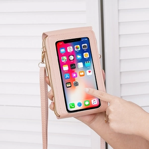Pink multi-functional crossbody phone bag with touchscreen TPU window and dual zipper