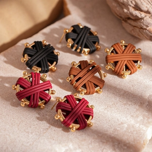 Round Woven Alloy Earrings With PU Leather Braided Geometric Compass Style Vintage Bohemian Temperament Jewelry For Women