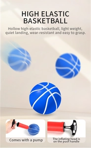 Ballon de basket bleu silencieux avec pompe montrant élasticité et design léger