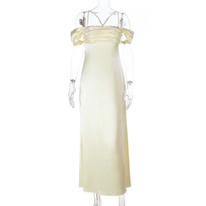 Elegantes cremefarbenes Satin-Maxikleid mit schulterfreien Ärmeln und Rückenausschnitt
