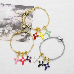 Colorful drip oil cross pendant bracelets with sparkling rhinestones on snake chain