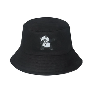 Cute black cotton bucket hat featuring a dabbing panda embroidery for sun protection
