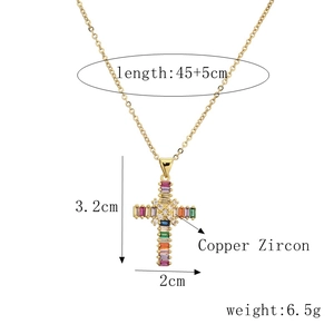 Detailed view of copper zircon cross necklace dimensions and chain length specs