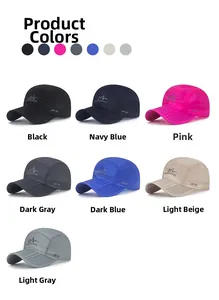 Detail showing seven colors of foldable quick-dry UPF 50+ outdoor sun hats with logos