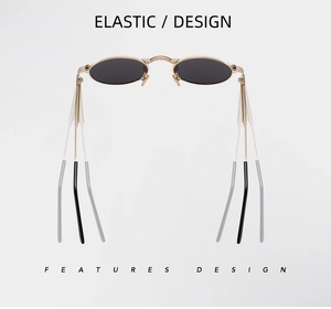 Detail showing elastic spring hinge design on steampunk oval metal sunglasses