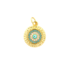 Detailed view of the gold-plated Evil Eye pendant with turquoise and zircon stones