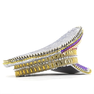 Sparkly silver sequin military hat with golden spikes and multi-colored rhinestones