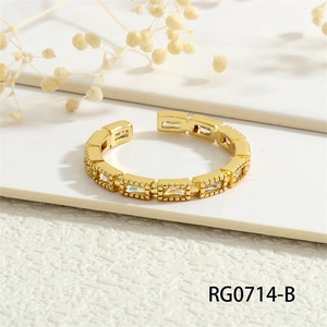 Close-up of adjustable 18K gold plated ring with micro-pave rectangular zircon stones