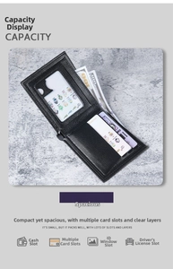 Detail view of the black leather wallet interior with card slots and a clear ID window
