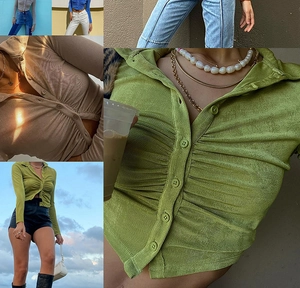 Detail shots of pleated long sleeve button-up crop tops in green and brown hues