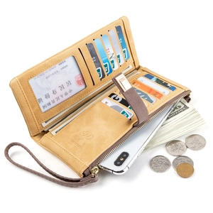 Long vintage matte leather wallet for women with leaf buckle and large card capacity