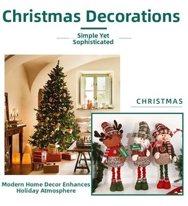Close-up of Christmas plush dolls set with Santa, elk, and snowman for holiday home decor