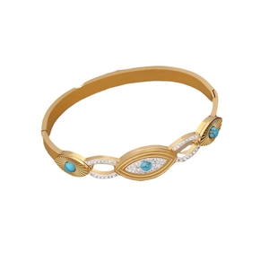 Golden stainless steel evil eye bangle with turquoise stones and white rhinestones