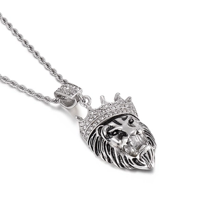 Hip hop silver lion head pendant necklace with iced out crown in stainless steel