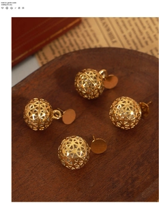 Macro view of 18K gold plated hollow spherical earrings with geometric cutout design