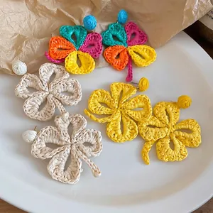 Bohemian raffia woven clover flower earrings in colorful, beige and yellow sets