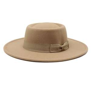 Elegant khaki wool felt boater hat with flat top and matching ribbon bow for men and women