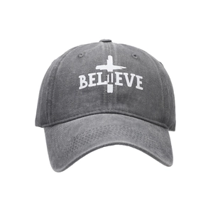 Vintage washed gray baseball cap featuring white BELIEVE text and a cross graphic