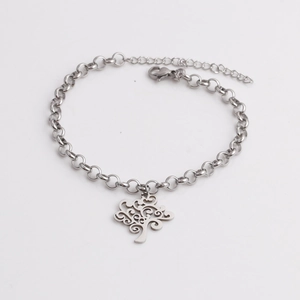 Silver stainless steel bracelet featuring a hollow tree of life charm and lobster clasp