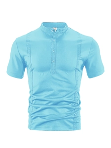 Detail of lake blue men's polo shirt with vertical stripes and half-placket collar