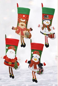 Detail of Christmas stocking set featuring 3D Santa, Snowman, Reindeer, and Penguin designs