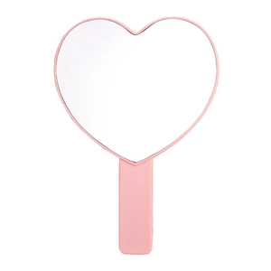 Pink heart-shaped handheld makeup mirror with matte plastic frame for daily portable use