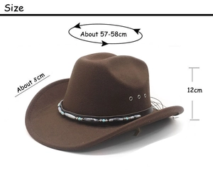 Detail view of ethnic style beads and leather band on a dark brown western cowboy hat