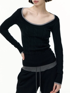 Detail of cable knit pattern on black long sleeve sweater with grey contrast neckline