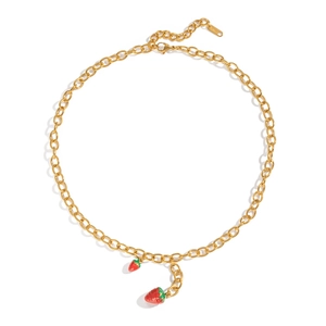 Sweet 18K gold-plated stainless steel strawberry pendant necklace with red charms