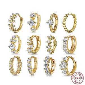 925 Sterling Silver Huggie Hoop Earrings With Clear Cubic Zirconia Tiny Geometric Cartilage Jewelry For Women