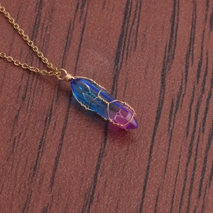 Blue and purple gradient crystal pillar necklace with gold artistic wire wrapping