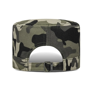 Camo flat top military cap with adjustable metal buckle and durable canvas texture
