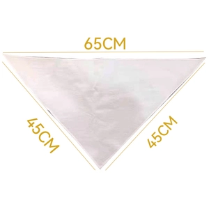 Detail view of a plain white cotton pet triangle scarf with 65cm by 45cm dimensions