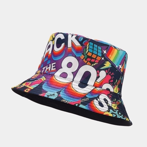 Detail of 80s 90s retro graffiti bucket hat with Back to the 80's print design