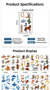 Collection of cowboy-themed temporary tattoos with boots, horses, and size specifications