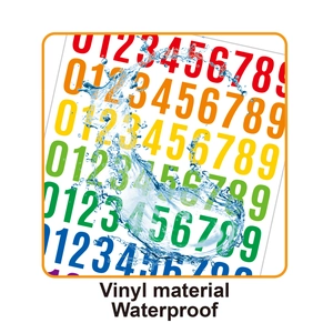 Close-up of waterproof vinyl number stickers with colorful 0-9 digits and water splashes