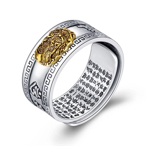 Vintage Pixiu silver ring for men featuring Buddhist mantra carvings and golden relief detail