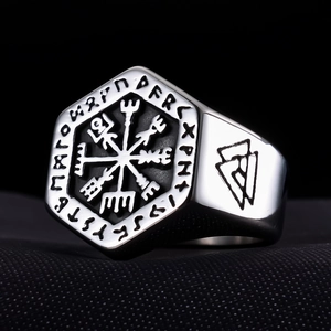 Silver Viking compass ring for men with black runes on a hexagonal stainless steel surface