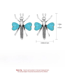 Detailed size specifications for vintage bee-shaped earrings with turquoise stones