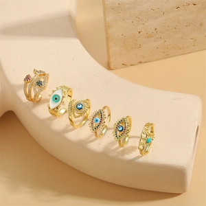 Evil Eye Adjustable Ring Copper Zircon Enamel Heart Moon Vintage Bohemian Jewelry For Women
